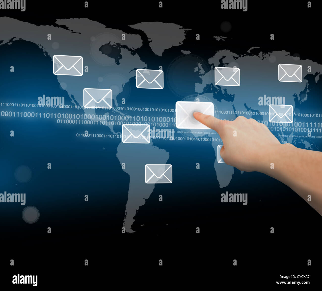 Finger pushing mail symbol on world map interface Stock Photo