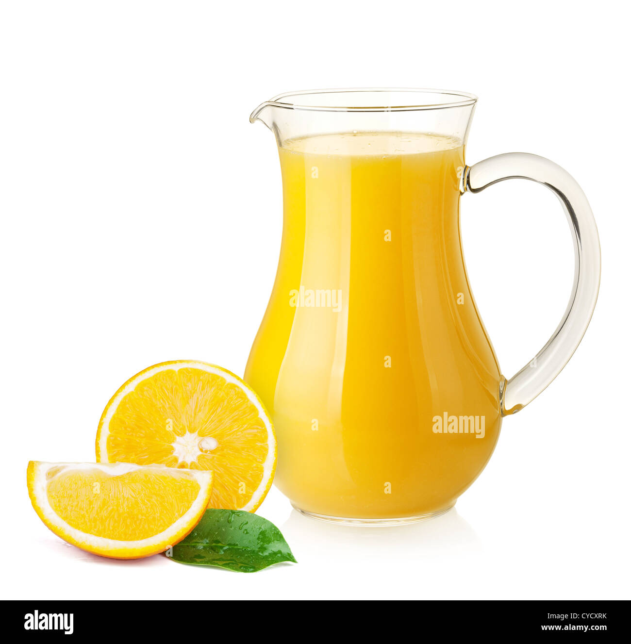 Jug of orange juice and orange fruits isolated on white, Stock image