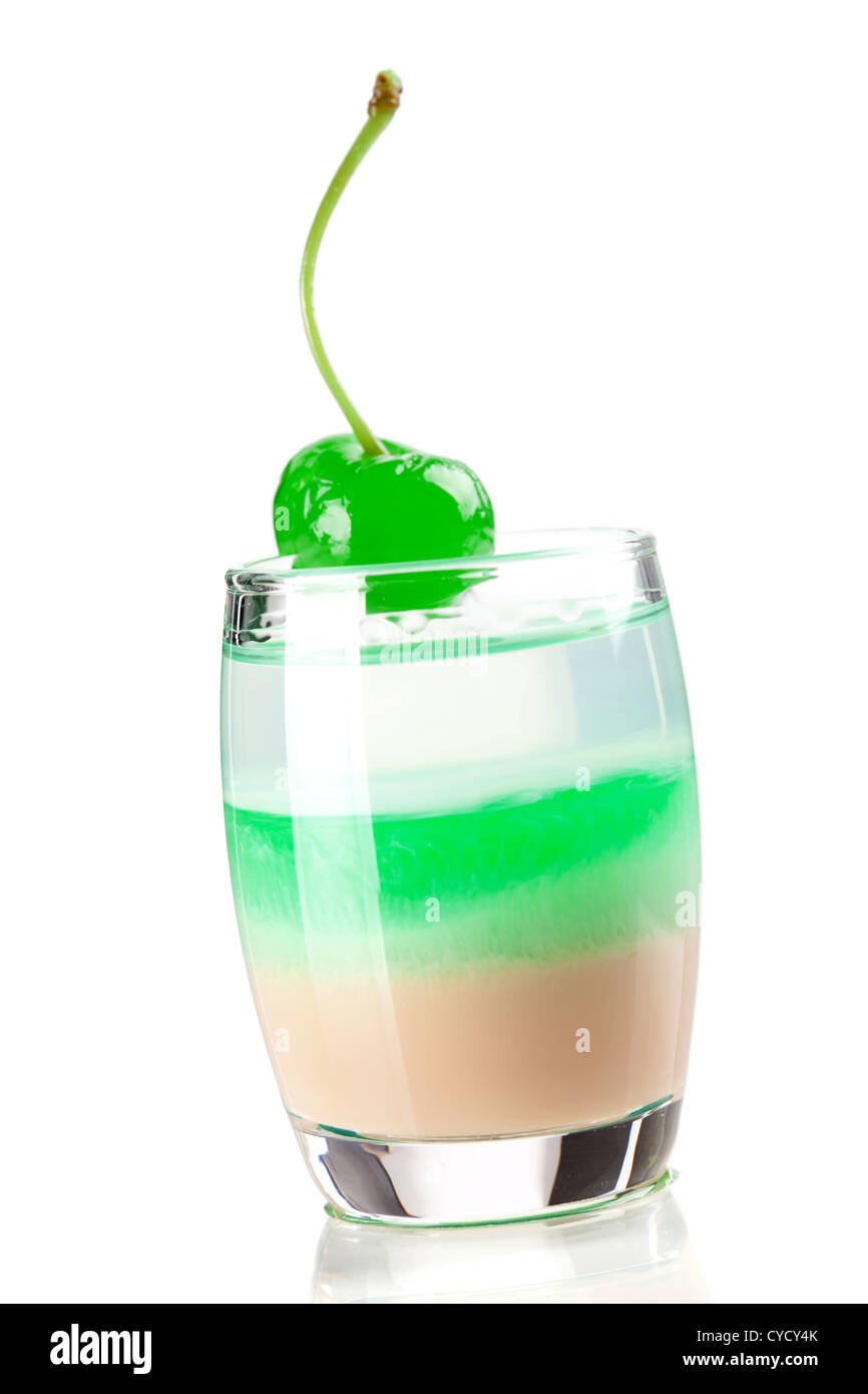 Cocktail collection: Three layered shot with green maraschino. Isolated on white background Stock Photo