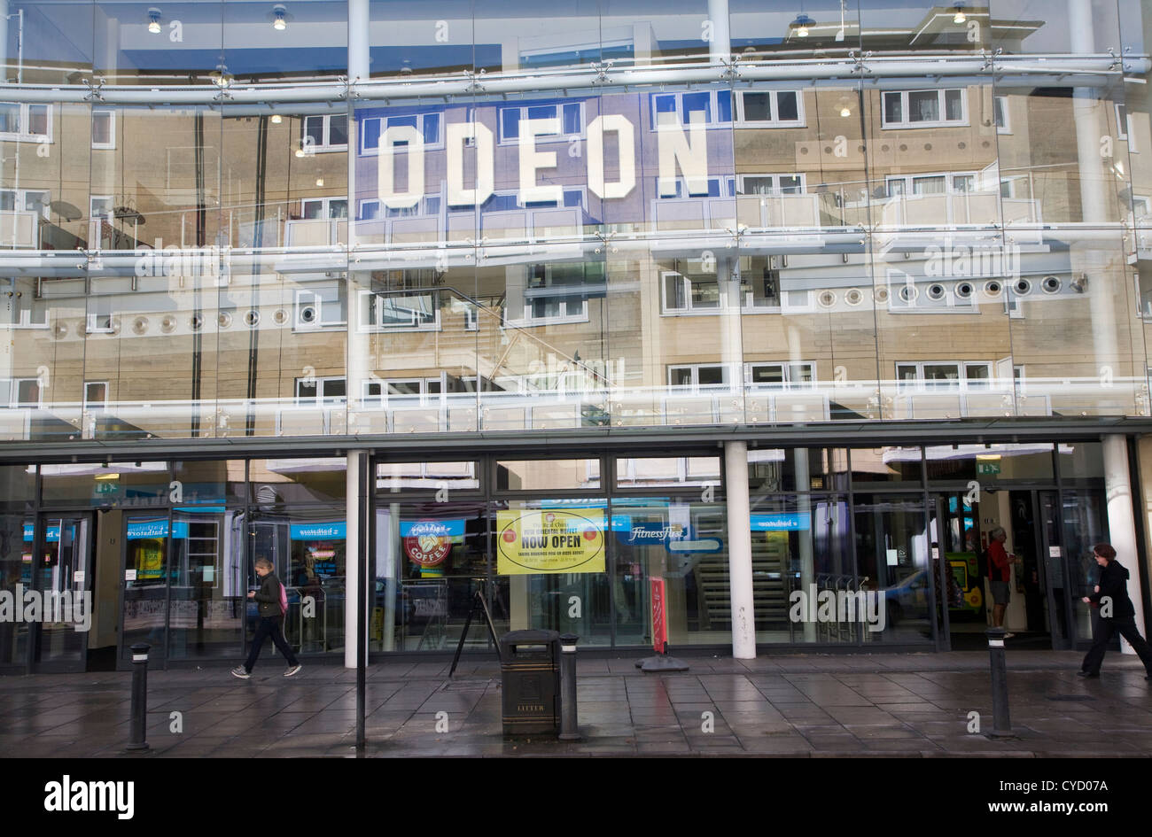 Reflection buildings glass front Odeon cinema, Bath, Somerset, England
