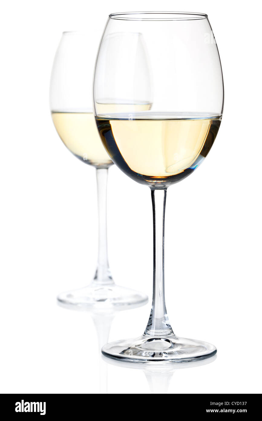 Two white wine glasses. Isolated on white, small DOF Stock Photo