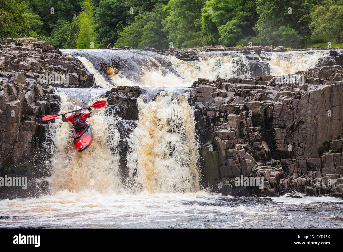 Canoeist on the river Tees at Low Force near Middleton-in-Teesdale, County Durham. Stock Photo