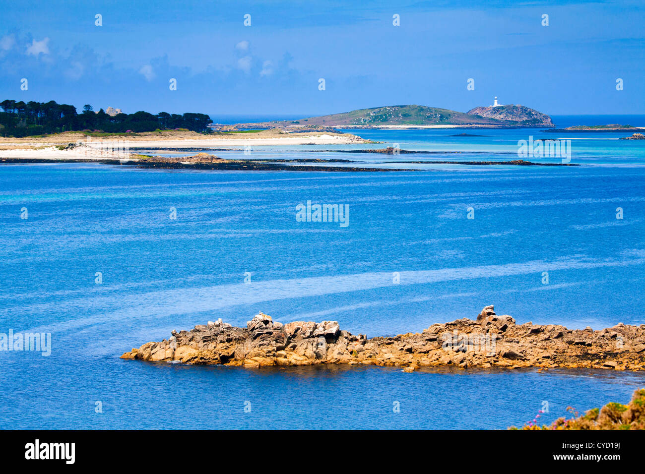Tresco; St Helen's and Round island; from St Mary's; Isles of Scilly; UK Stock Photo