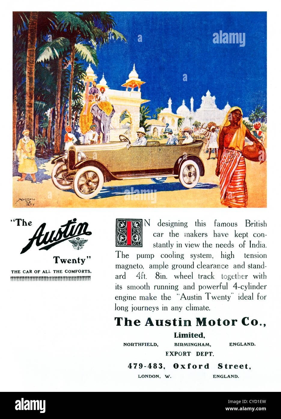 Austin Twenty, 1919 advert for the English car in India, driving in an Indian road, elephant and temple behind Stock Photo