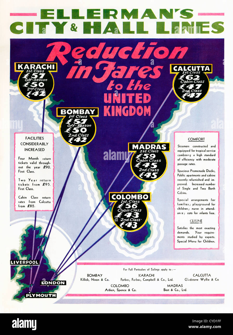 Ellermans City and Hall LInes, 1932 advert for the shipping line joining up the British Empire, here with cheaper fares to India Stock Photo