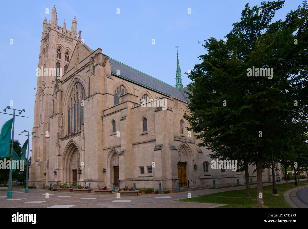 Facade of neo gothic lutheran church in Minneapolis with bell tower Stock Photo