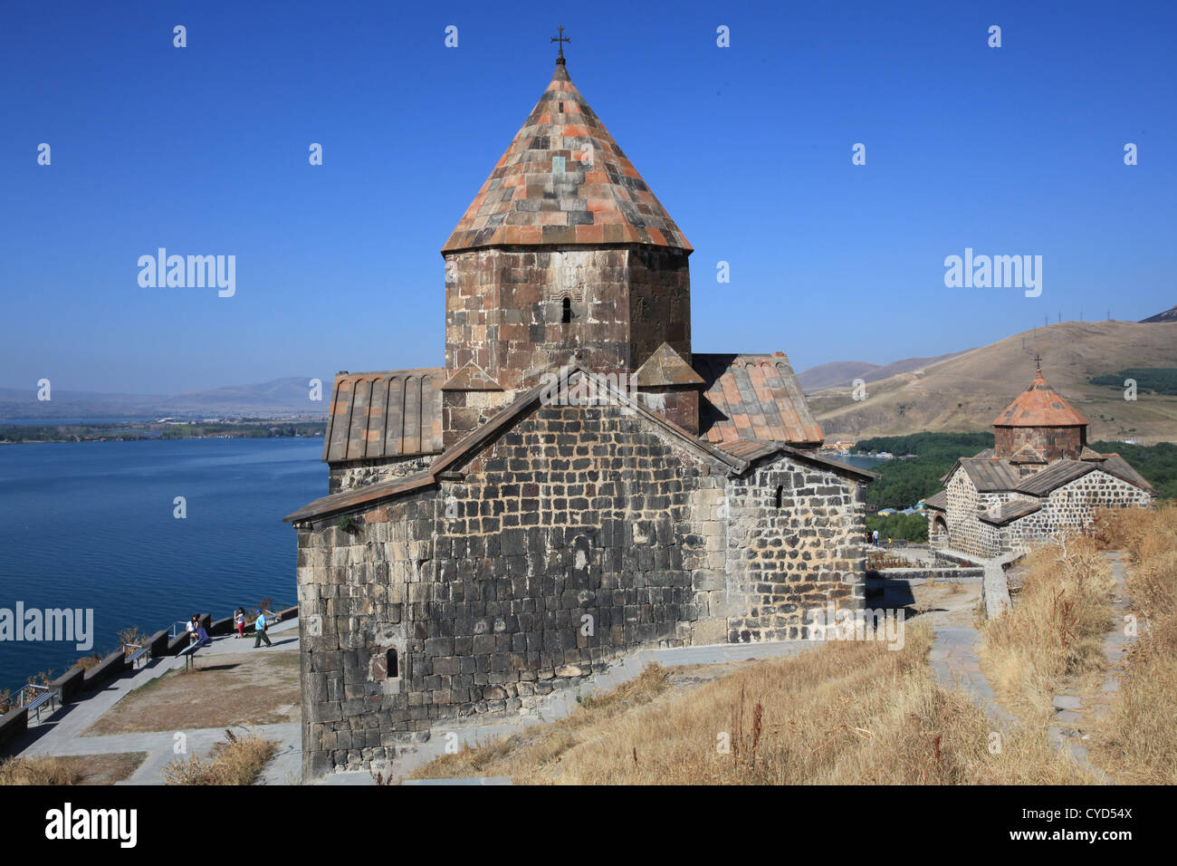 Astvatsatsin Church (Holy Mother of God) (left) and Arakelots Curch (Apostles) (right), Sevan Monastery at lake Sevan. Stock Photo