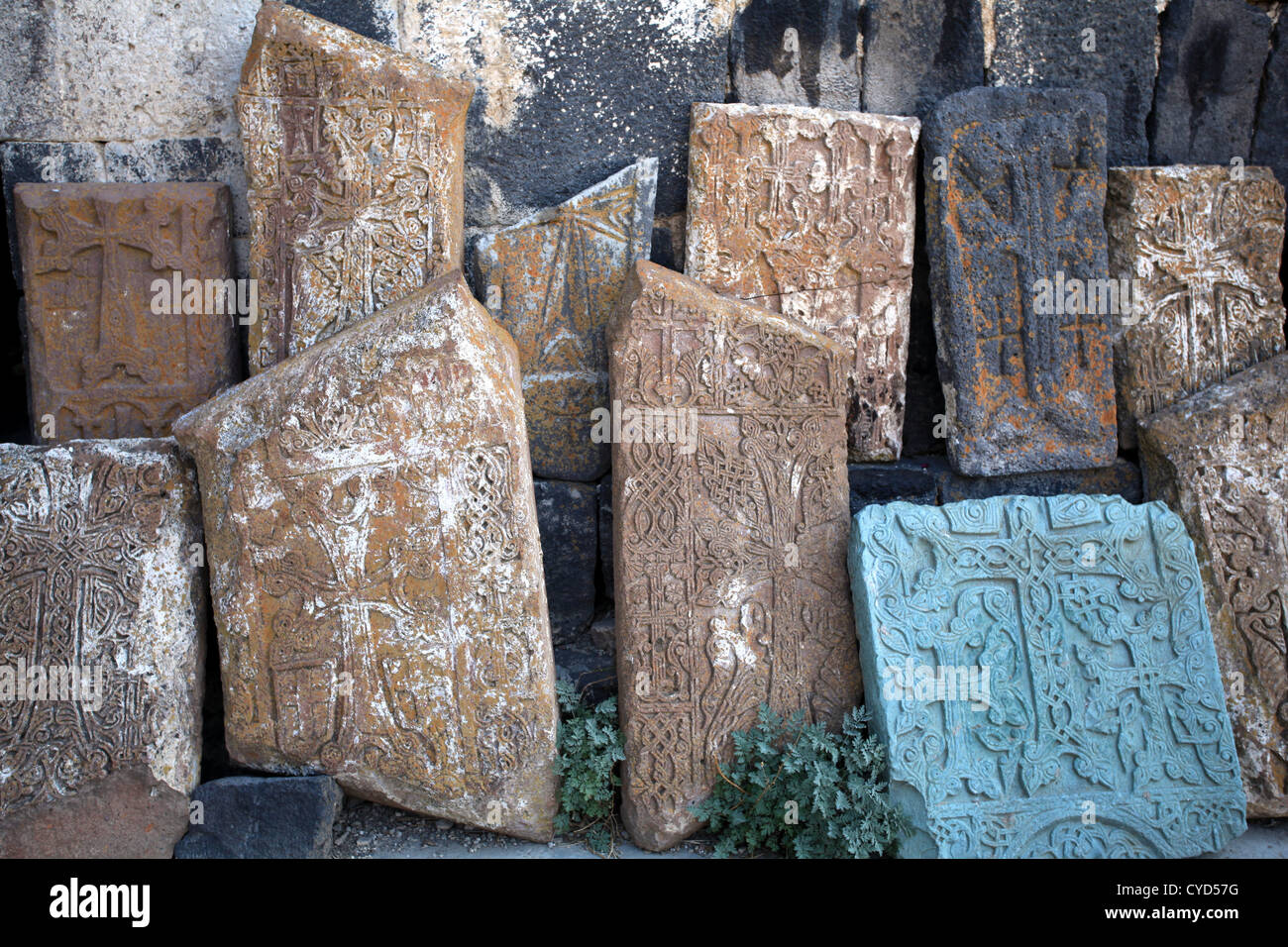 Examples of Khatchkars at Astvatsatsin Church (Holy Mother of God), Sevanavank Monastery Stock Photo