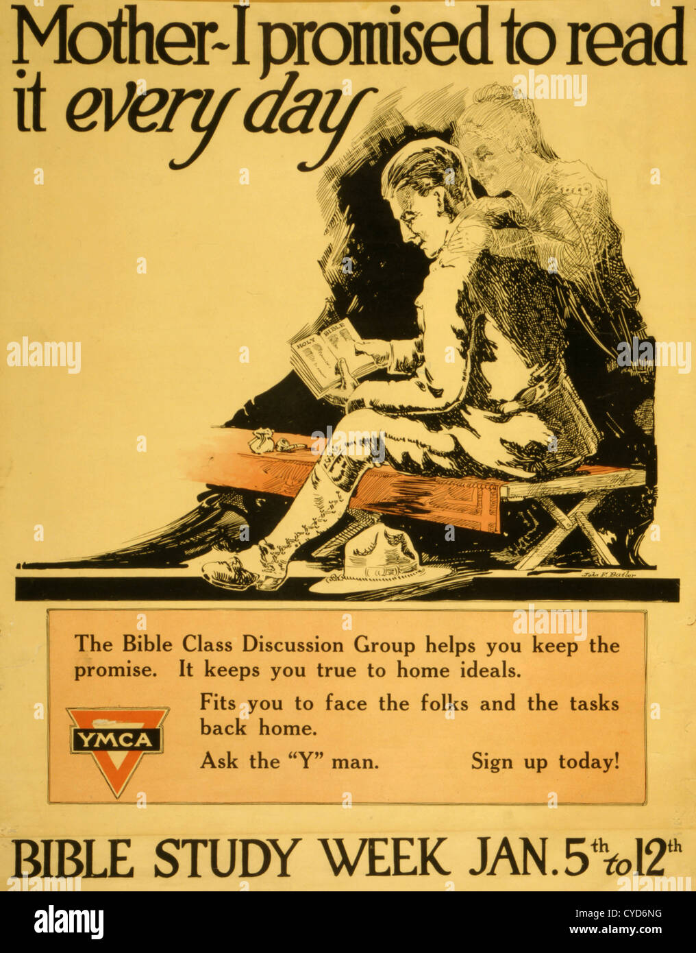 Poster showing a soldier reading the Bible, with a ghostly image of a woman standing over him. Stock Photo