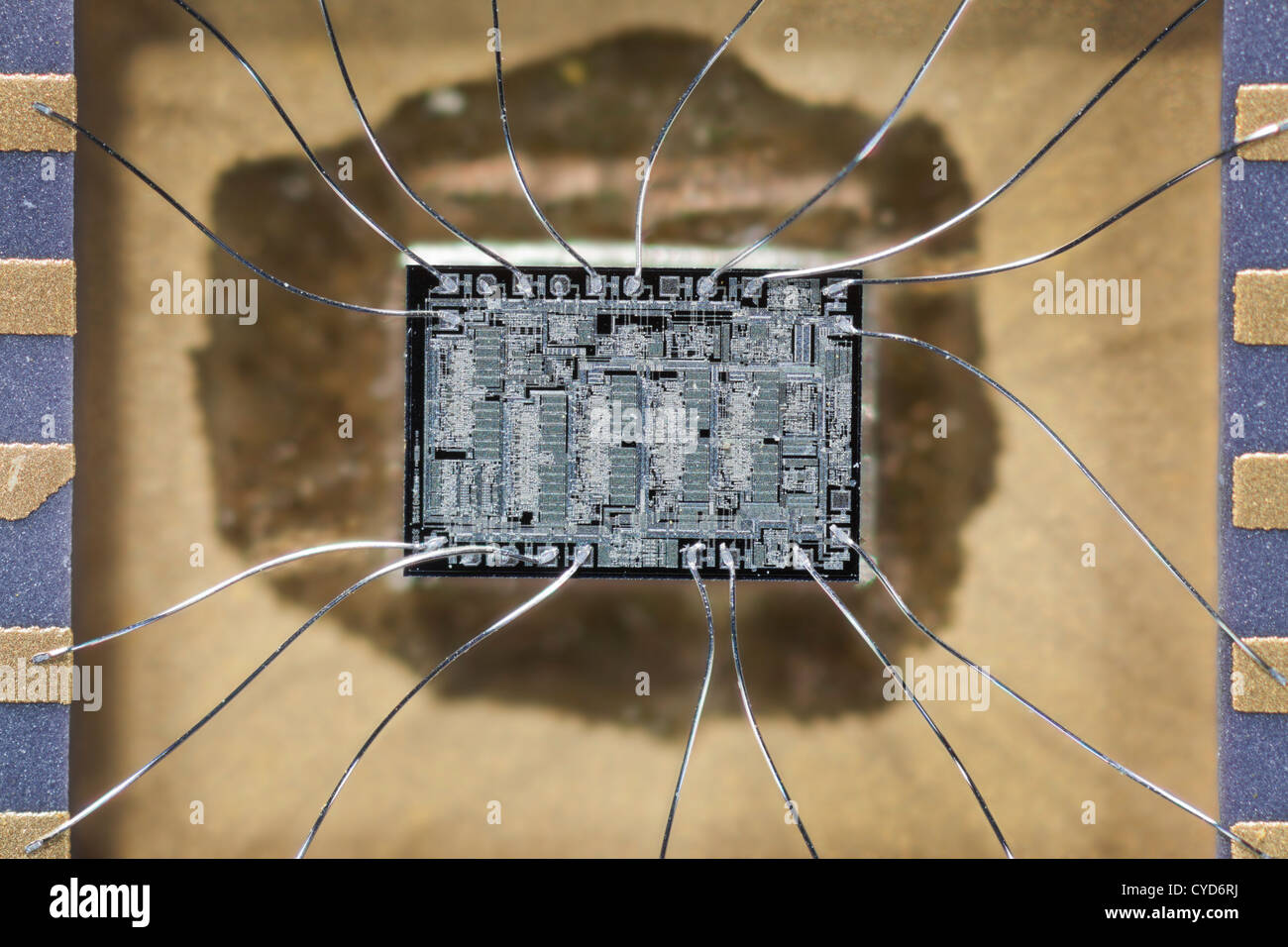 Hard disk drive silicon chip integrated circuits, chip with connecting silver wires Stock Photo