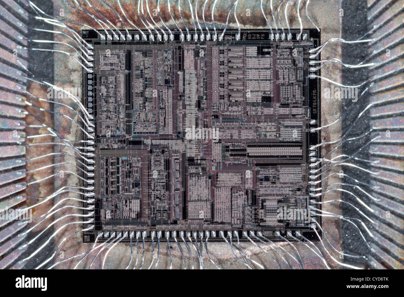 Integrated circuit from an EPROM memory microchip showing the memory blocks, supporting circuitry, fine silver connecting wires Stock Photo