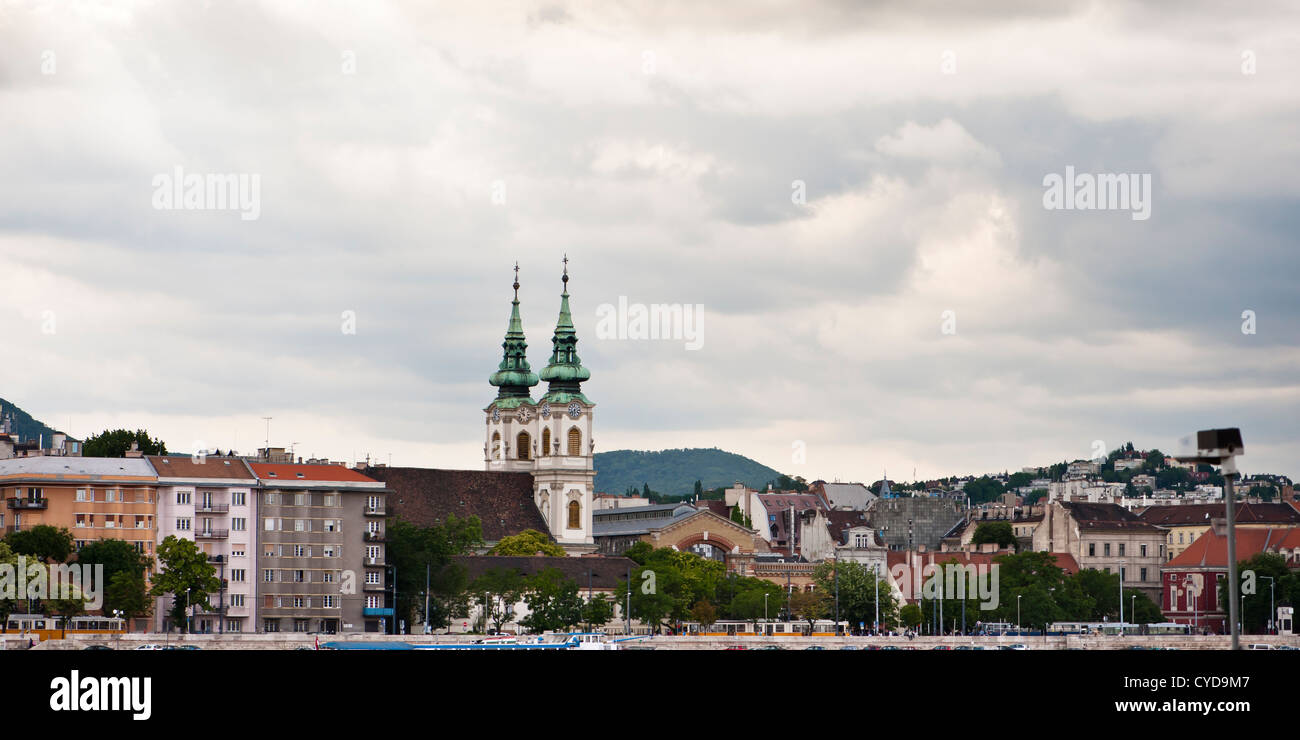 The Buda bank of the Danube south of Margaret Island viewed from Pest. Stock Photo