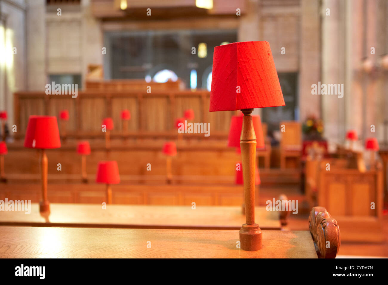 choir stalls with red lampshades st annes cathedral belfast northern ireland uk Stock Photo