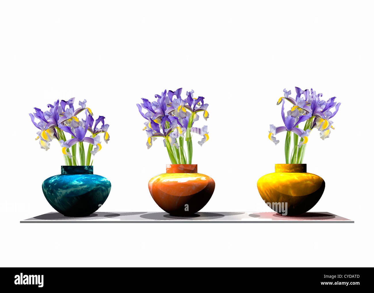 Three vases filled with bunches of iris flowers. Stock Photo