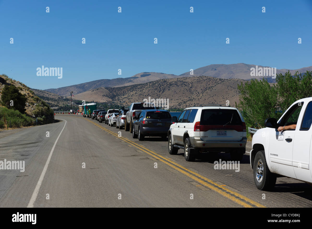 Highway traffic delay on route 395 north, near Topaz Lake, summer travel. Stock Photo