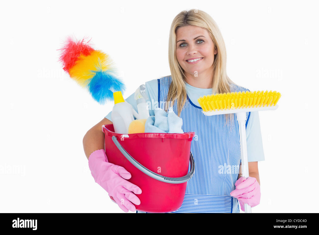 Cleaner holding a bucket with a broom Stock Photo Alamy