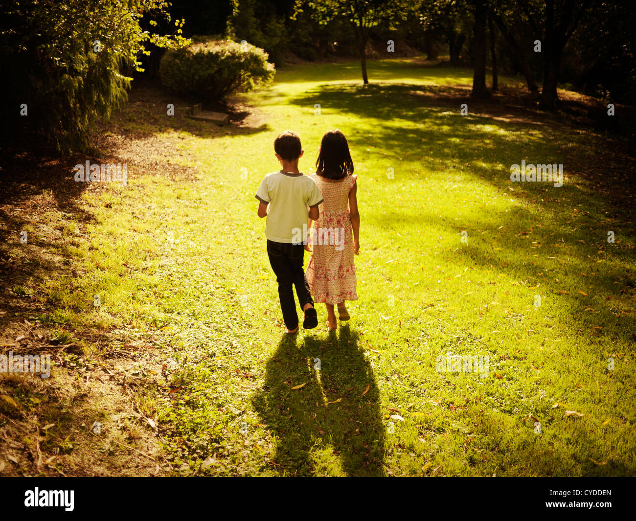 Golden hour: boy and girl summer afternoon walk in woods Stock Photo