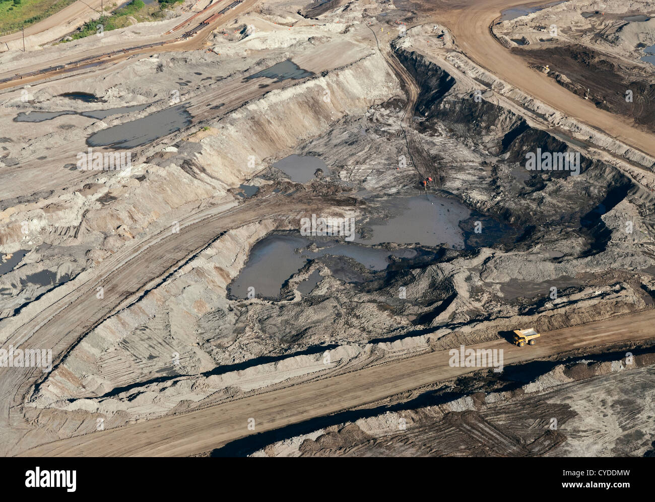 An aerial view of active bitumen open-pit mining in the Athabasca (Alberta) oil sands, Fort McMurray, Canada. Stock Photo