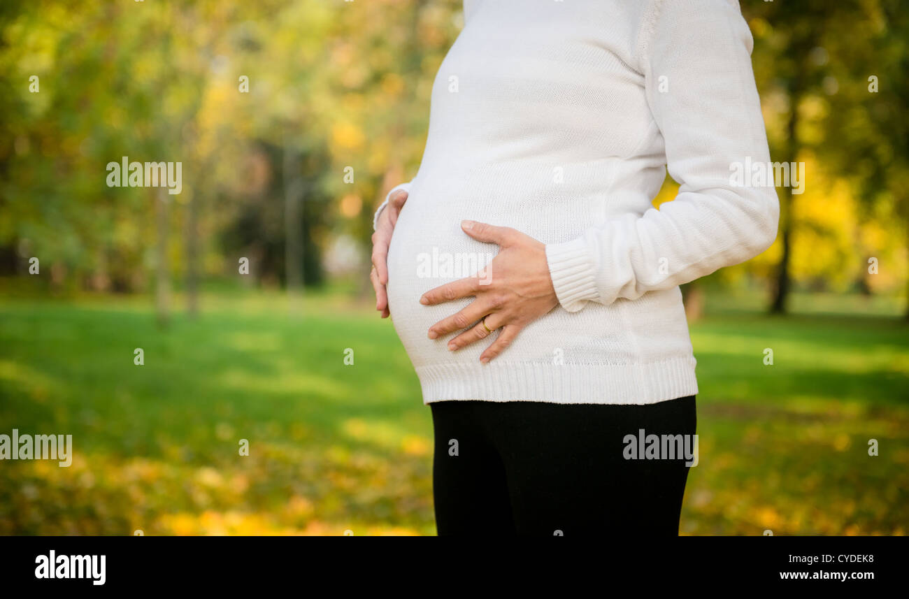 Detail of pregnant woman holding belly outdoor in nature Stock Photo ...