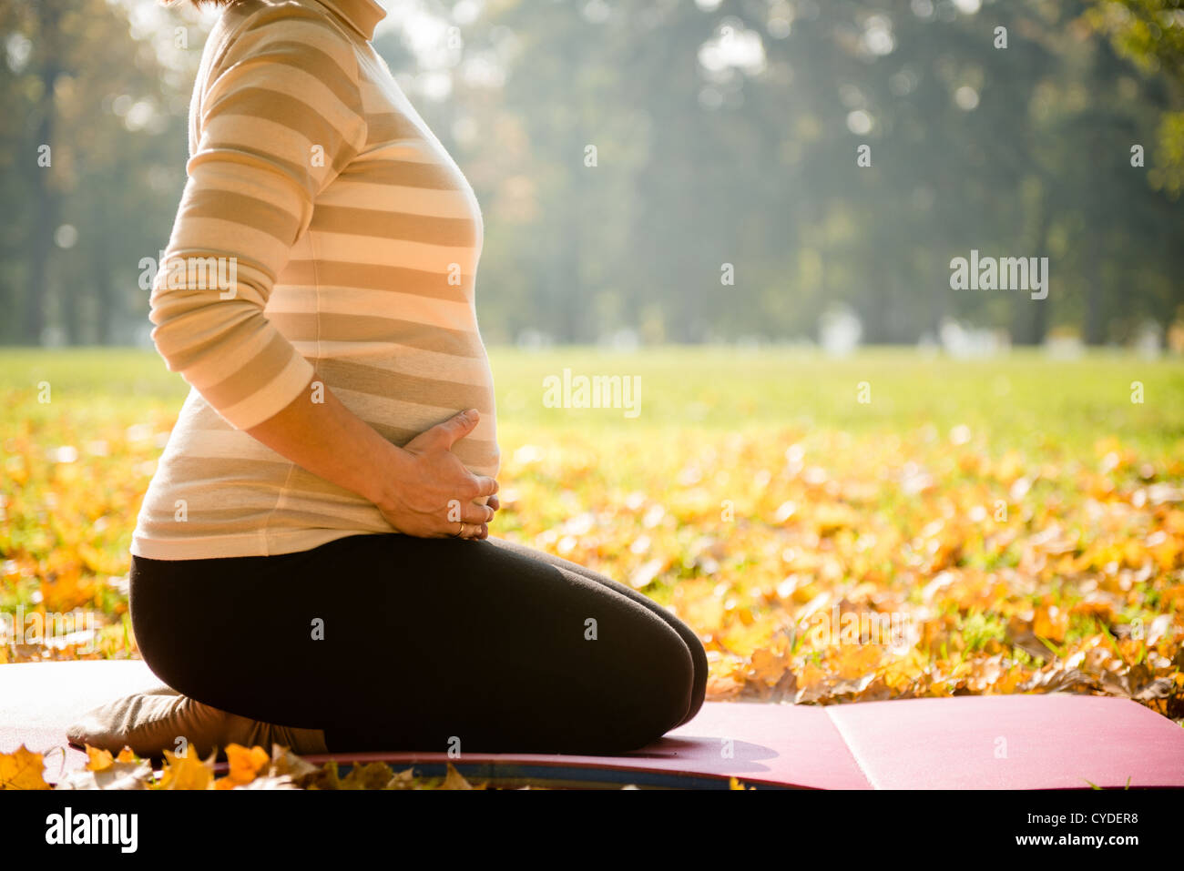 Detail of pregnant woman holding belly outdoor in nature Stock Photo ...