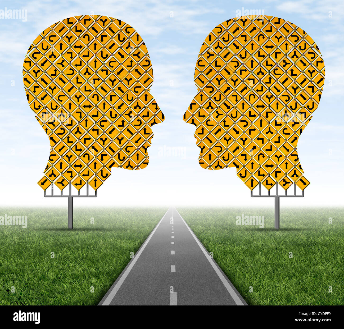 Collaborating together allowing to focus on a clear path by working as a team to achieve a common goal as shown by giant group of street signs in the shape of a human head with a consensus highway in three dimensions. Stock Photo