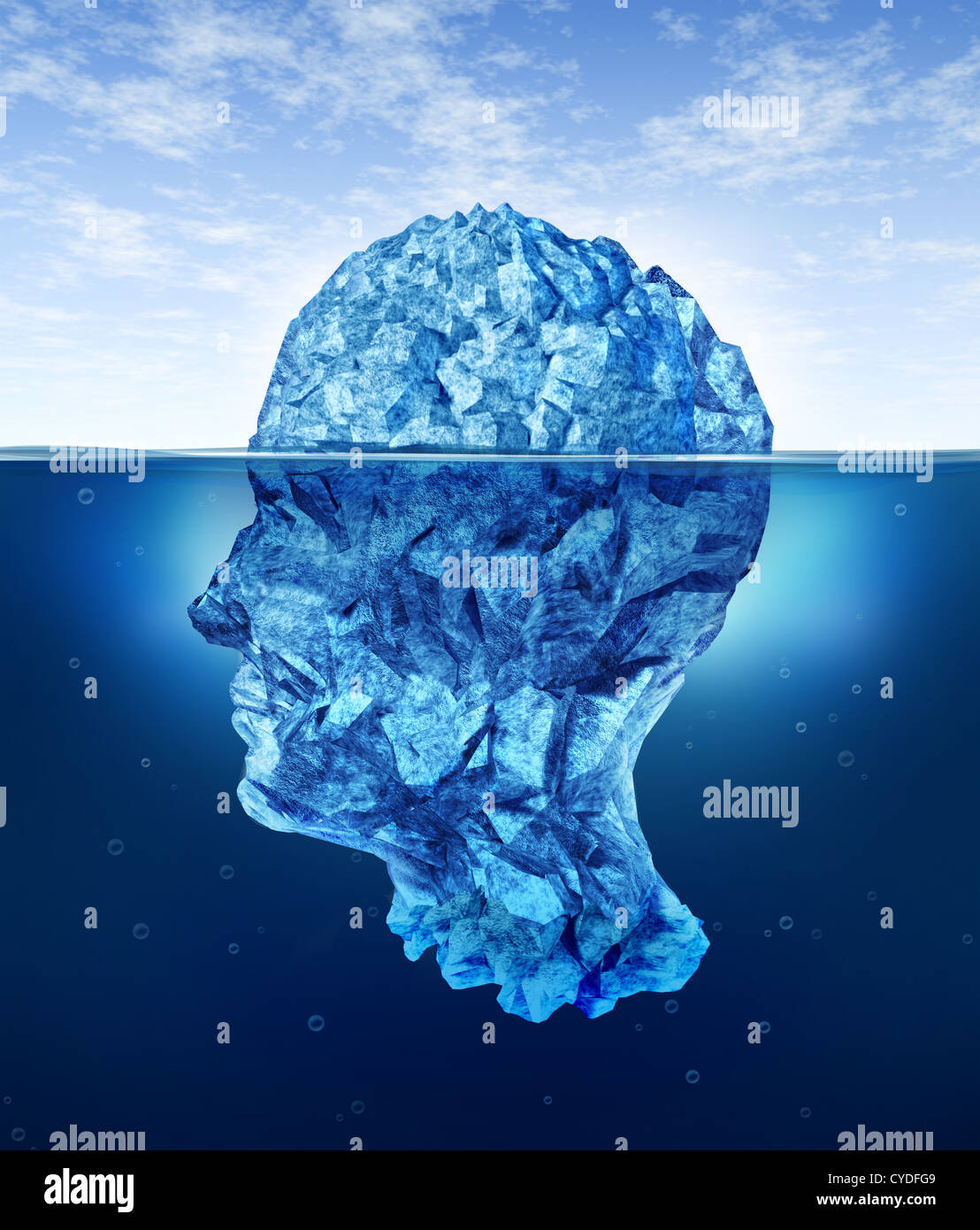Human brain risks with an iceberg in the shape of a head partialy submerged in the cold arctic ocean as a health care medical Stock Photo