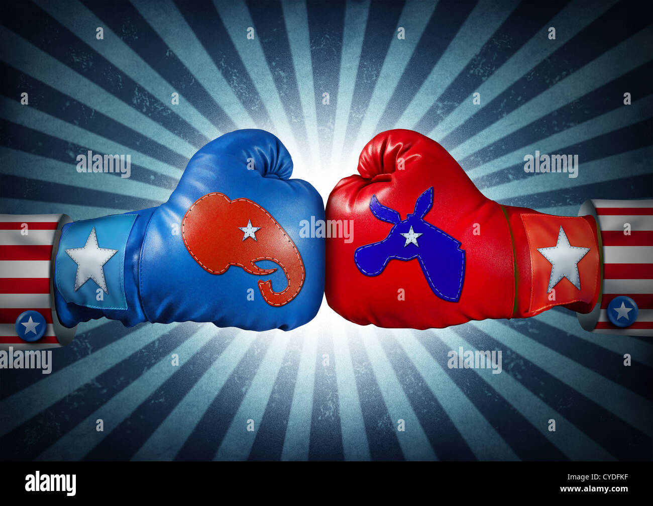 American election campaign fight as Republican versus Democrat as two boxing gloves with the elephant and donkey symbol stitched fighting for the vote of the United states presidential and government seat. Stock Photo