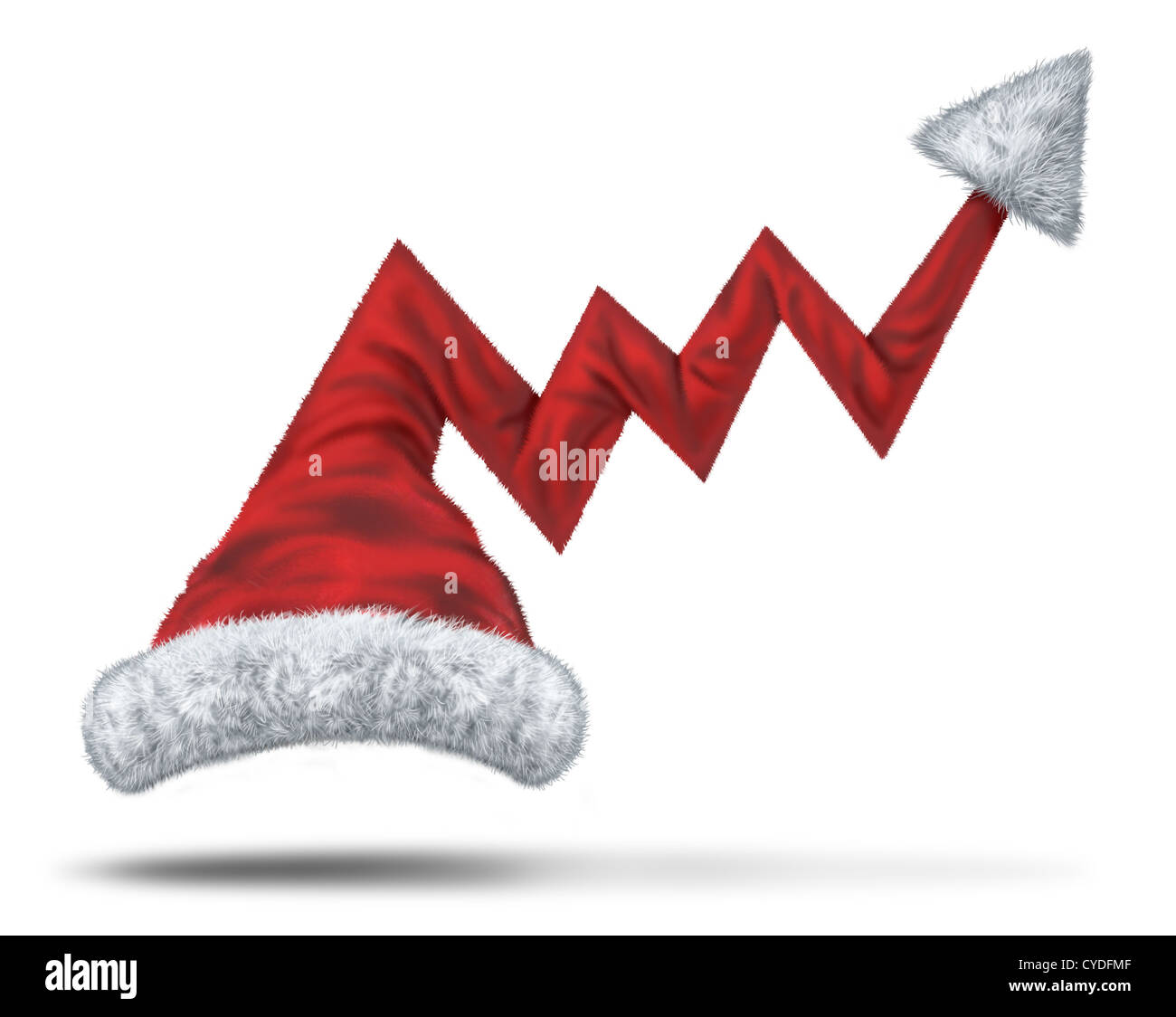 Holiday profits and Christmas sales with a santaclause hat in the shape of an upward financial graph with an arrow pointing to big winter seasonal success in retail and services sector on the internet and traditional stores. Stock Photo