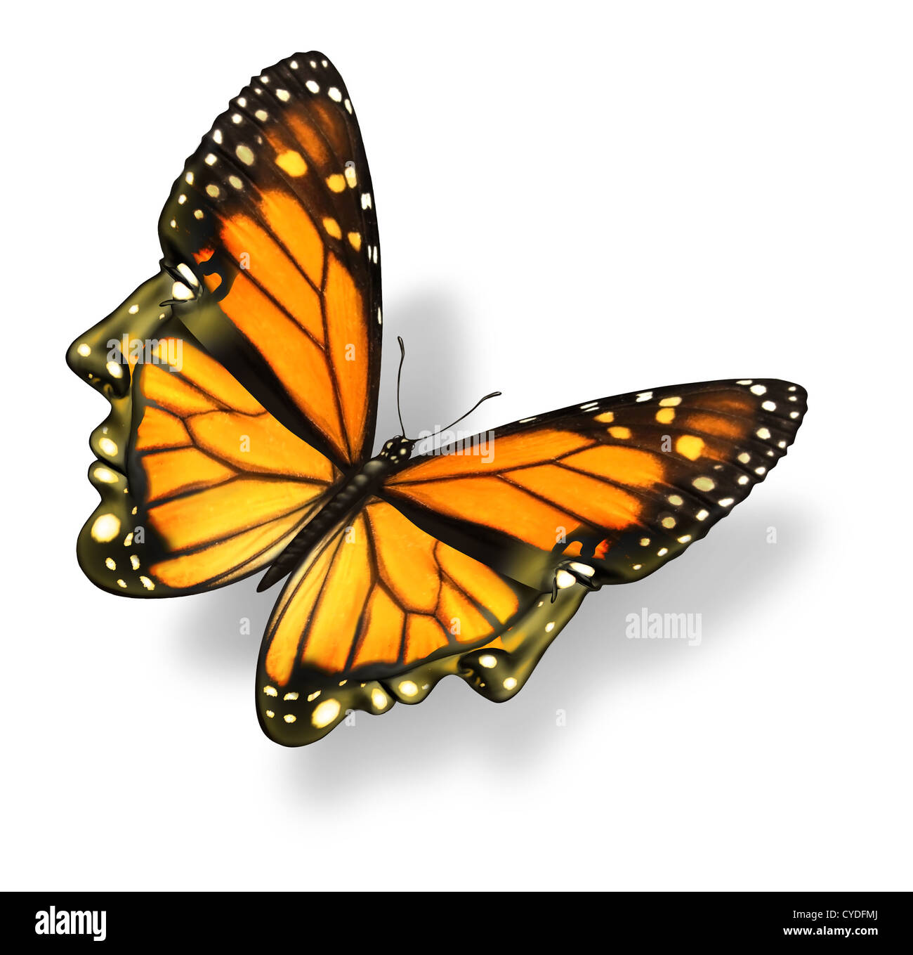 Human freedom and free your mind medical health care concept with a monarch butterfly insect in the shape of a human head Stock Photo
