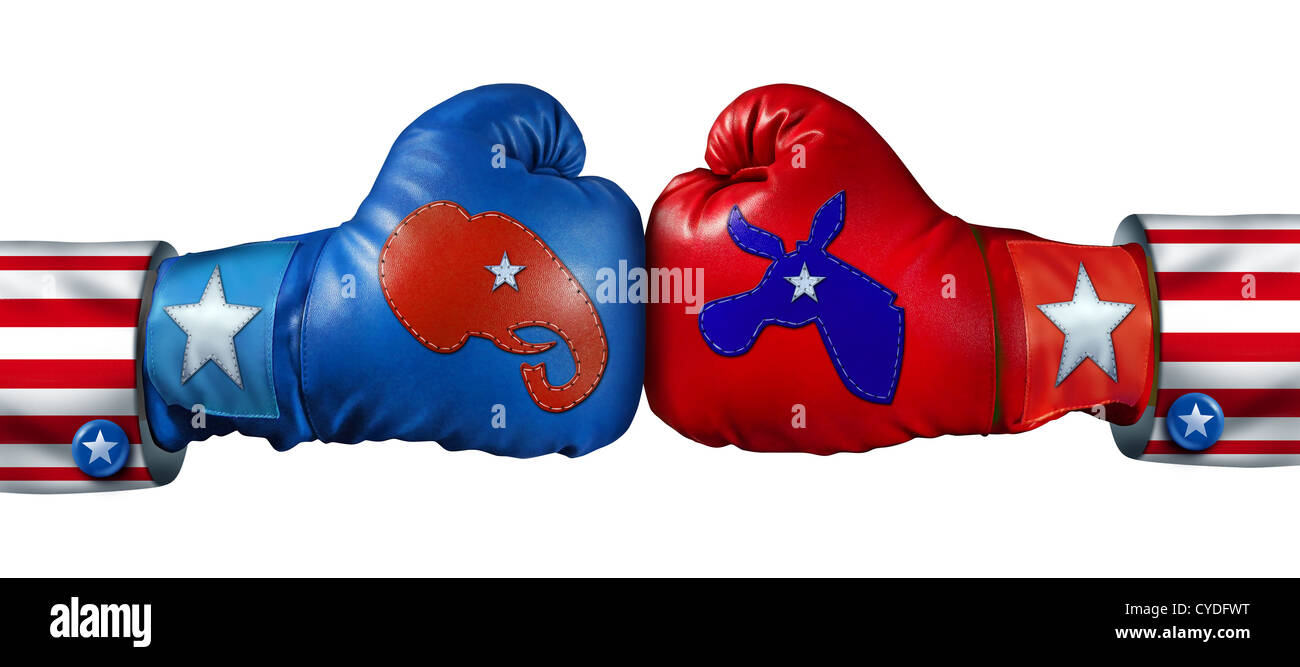 American election campaign fight as Republican Versus Democrat represented by two boxing gloves with the elephant and donkey sym Stock Photo