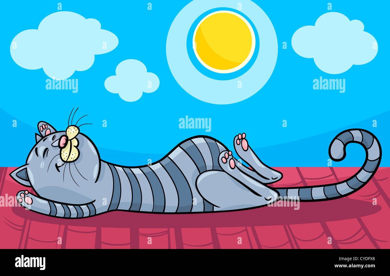 Cartoon Illustration of Funny Tabby Cat Sleeping on the Roof in the Sun