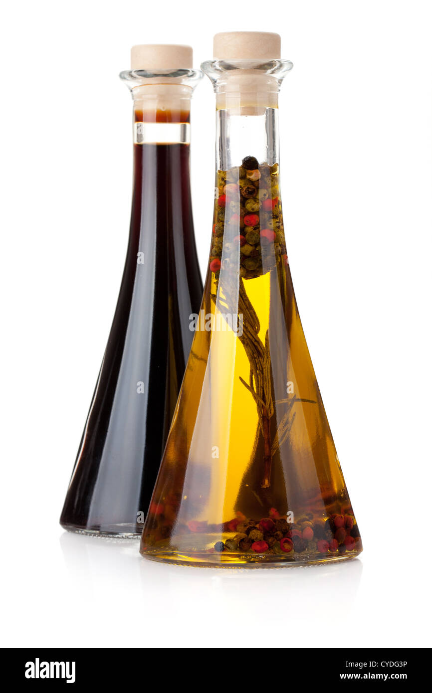 Olive oil and vinegar bottles. Isolated on white background Stock Photo