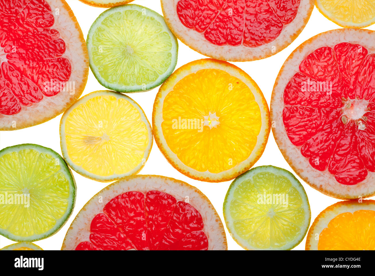 Citrus food background: Grapefruit, Lime, Lemon, Orange slices Stock Photo
