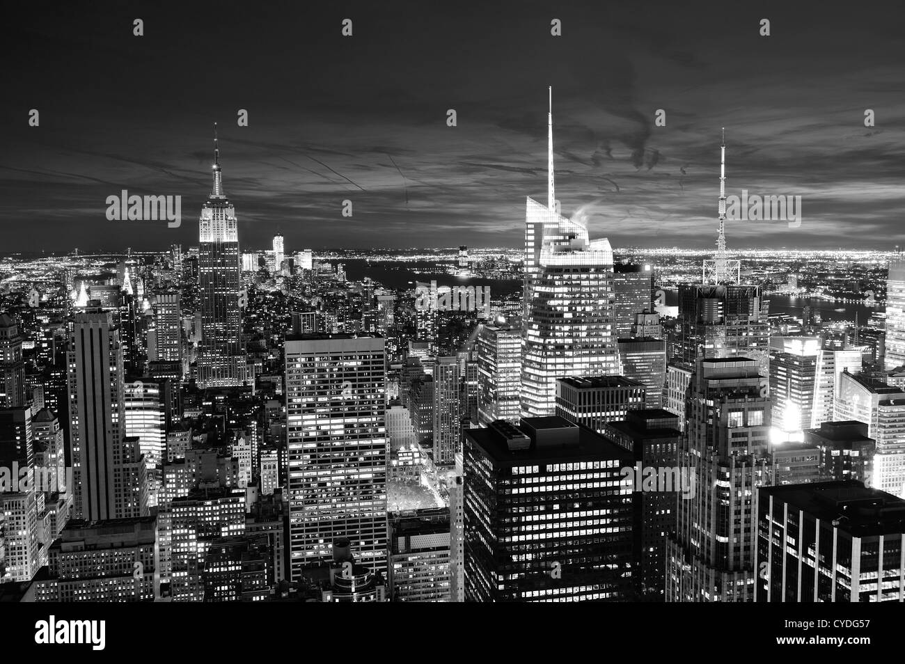 New York City skyline aerial view at night with colorful cloud, Empire ...