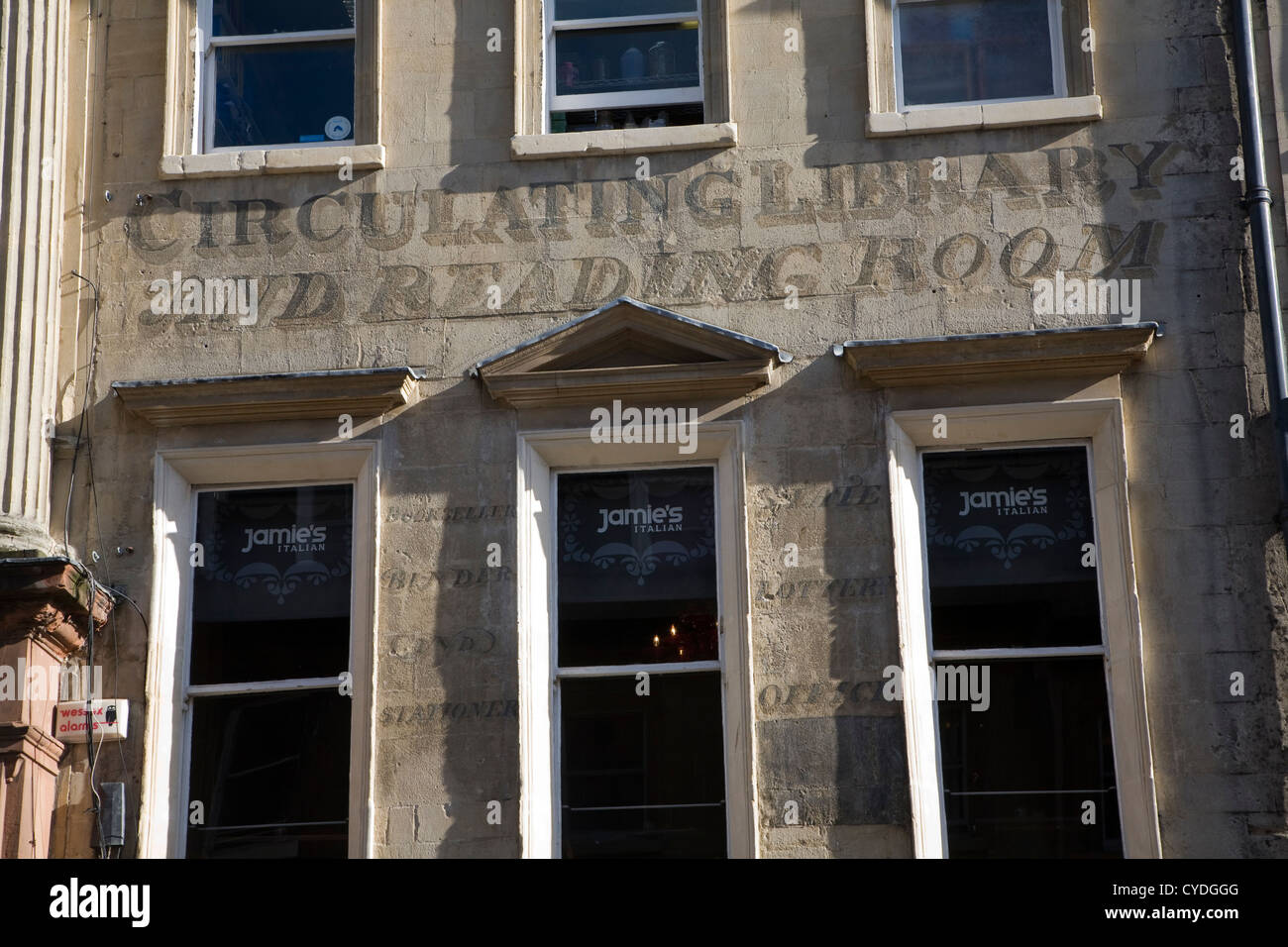 Circulating Library Reading Room old sign on building Milsom Street, Bath, Somerset, England