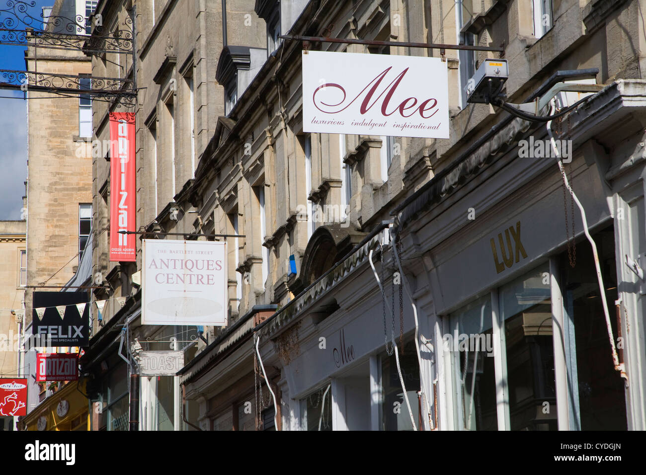 Shop signs Bartlett Street, Bath, Somerset, England Stock Photo Alamy