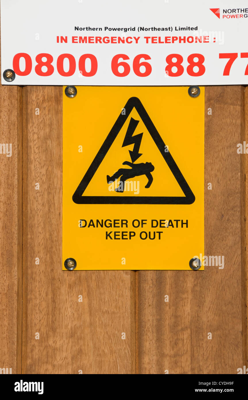 Close up of danger of death warning sign signage electrocution health and safety England UK United Kingdom GB Great Britain Stock Photo