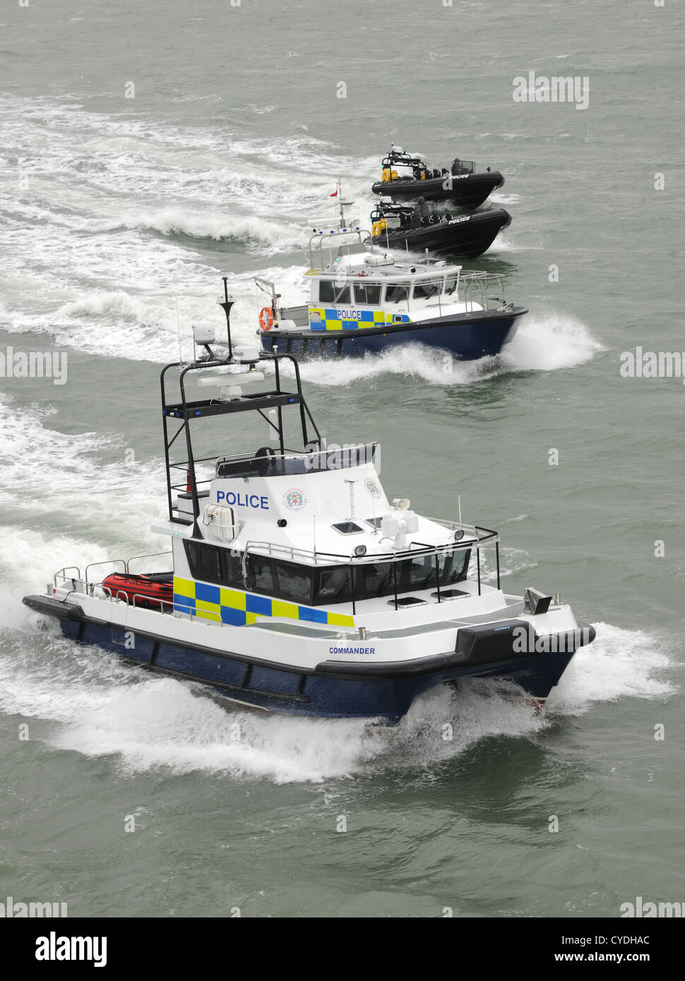 Hampshire Police boats Commander, Preventer, Pursuer and Protector in the Solent on a cold and blustery day. Solent. England. Stock Photo