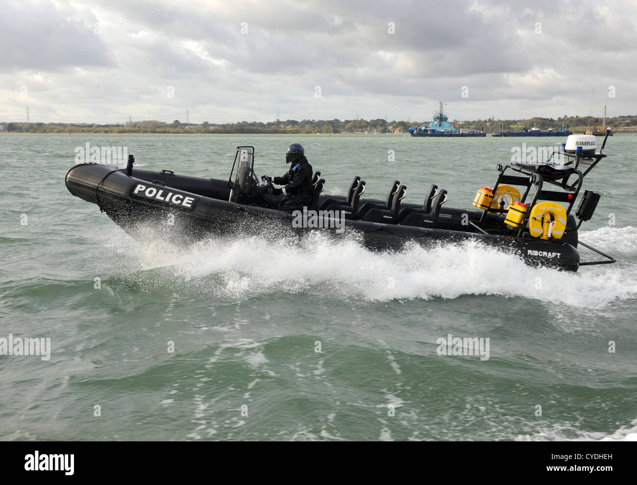 Police maritime patrol RIB protector on a cold and blustery day.  Solent. England. October 2012. Stock Photo