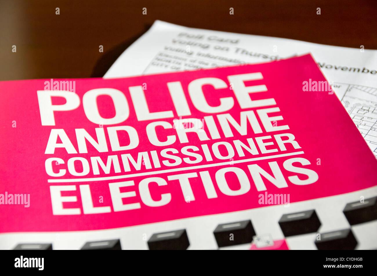Close up of Police and crime commissioner elections election leaflet and voting poll card England UK United Kingdom GB Great Britain Stock Photo