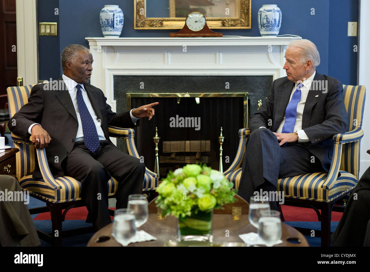 Vice President Joe Biden talks with Former President of South Africa Thabo Mbeki during a meeting with members of the African Union High Level Implementation Panel on Sudan April 18, 2011 in his West Wing Office at the White House. Stock Photo
