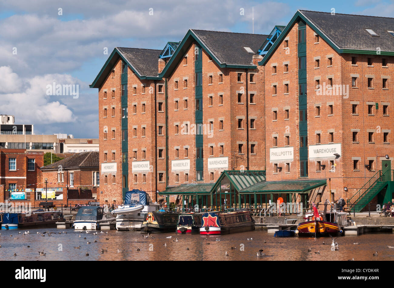 View over historic Gloucester Docks and restored old warehouses