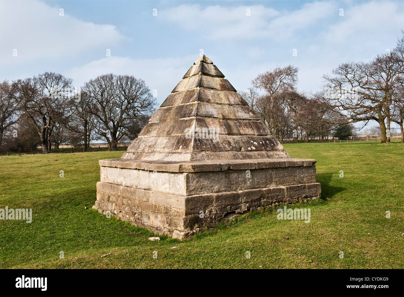 In the deer park at Auckland Castle a pyramidal obelisk conceals a well head, part of the 18c water system (Bishop Auckland, County Durham, UK) Stock Photo