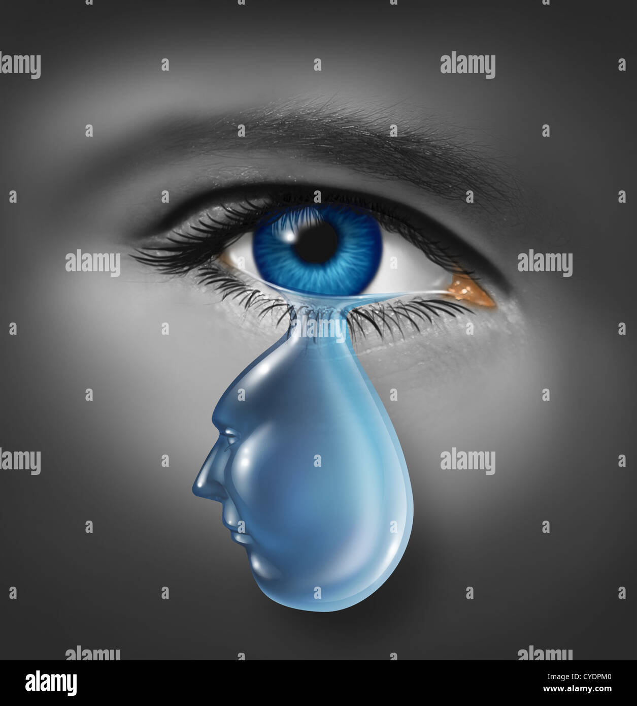 Grieving and human grief concept with a human face and eye crying due to a painful loss or relationship break up with a tear in Stock Photo