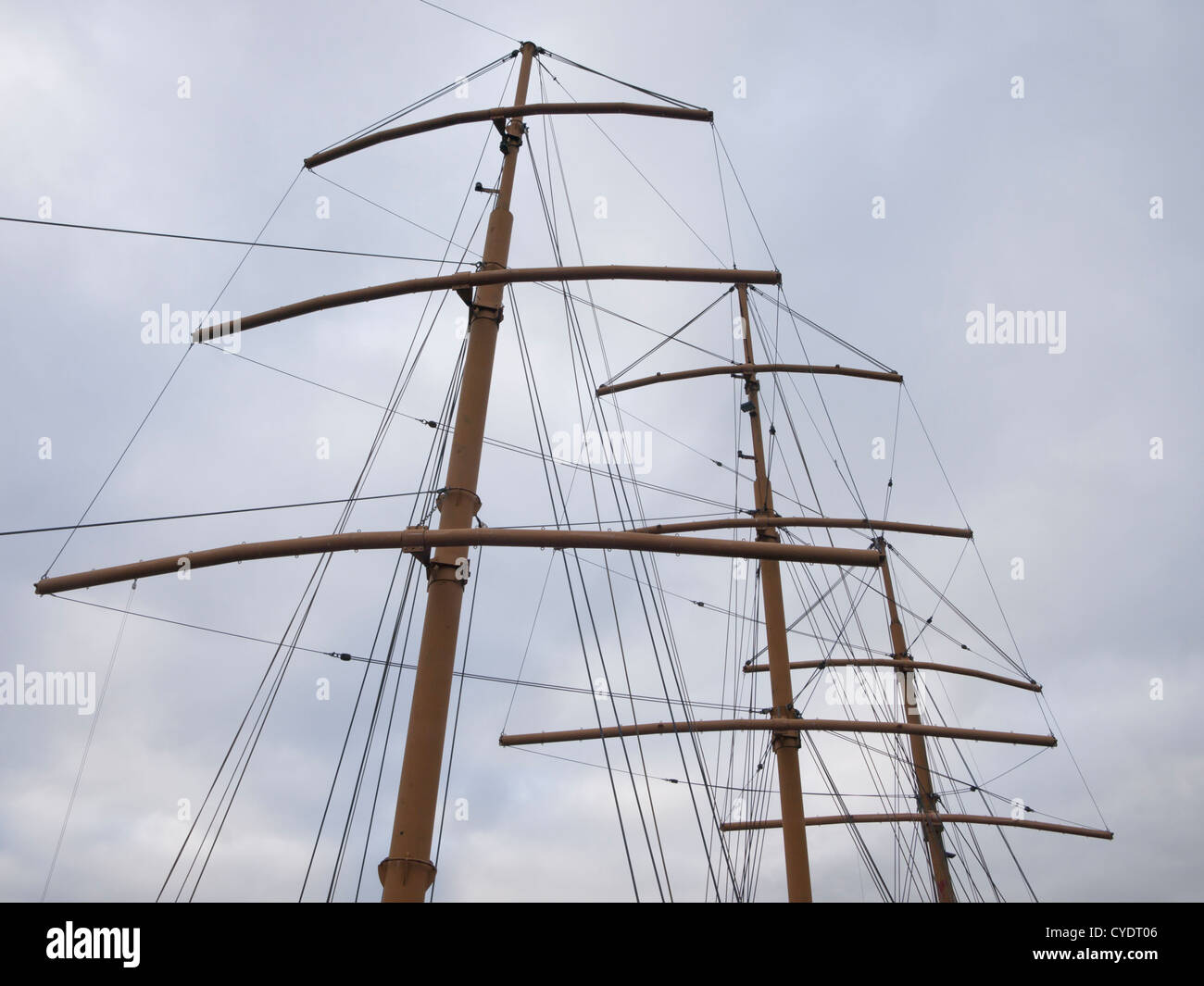 rigs of tall ships without sails from the harbour of Oslo Norway, spars and cordage Stock Photo