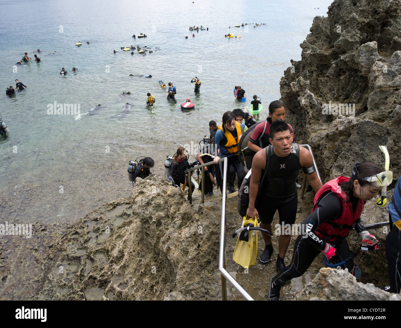 Snorkelers and Scuba Divers at Cape Maeda, Okinawa, Japan Stock Photo