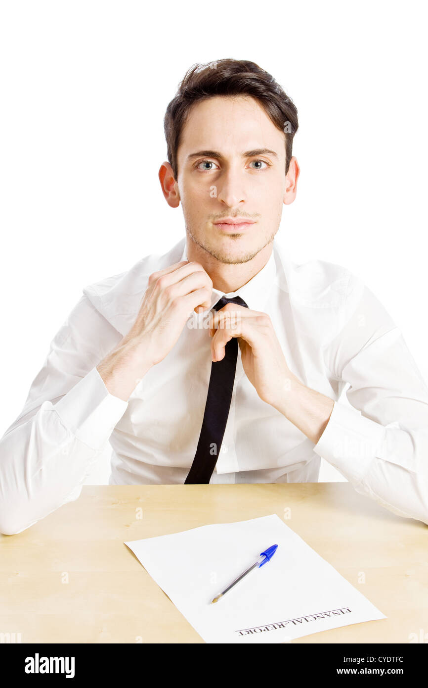 conceptual photo of nervous business man playing with his tie Stock Photo