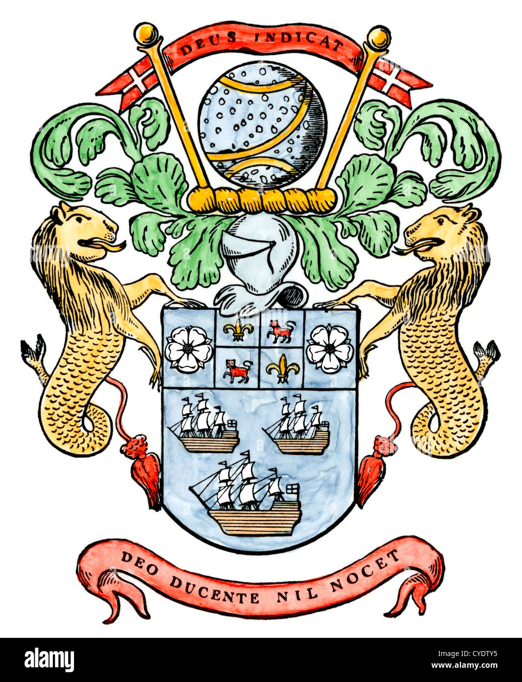 Original coat-of-arms of the British East India Company, Incorporated in 1600. Hand-colored woodcut Stock Photo