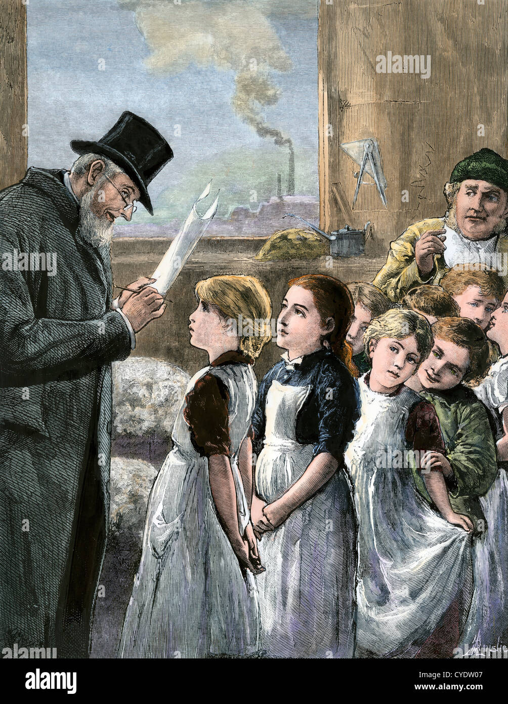 English government inspector visiting child workers in a factory, 1880s. Hand-colored woodcut Stock Photo