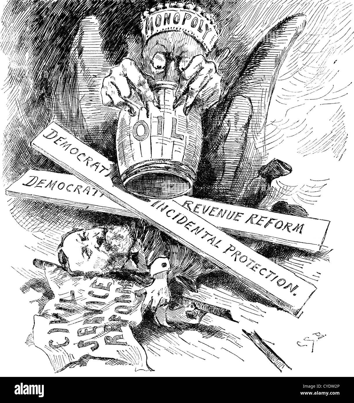 Standard Oil monopoly dragon crushing civil service reform, cartoon, 1880s. Woodcut Stock Photo